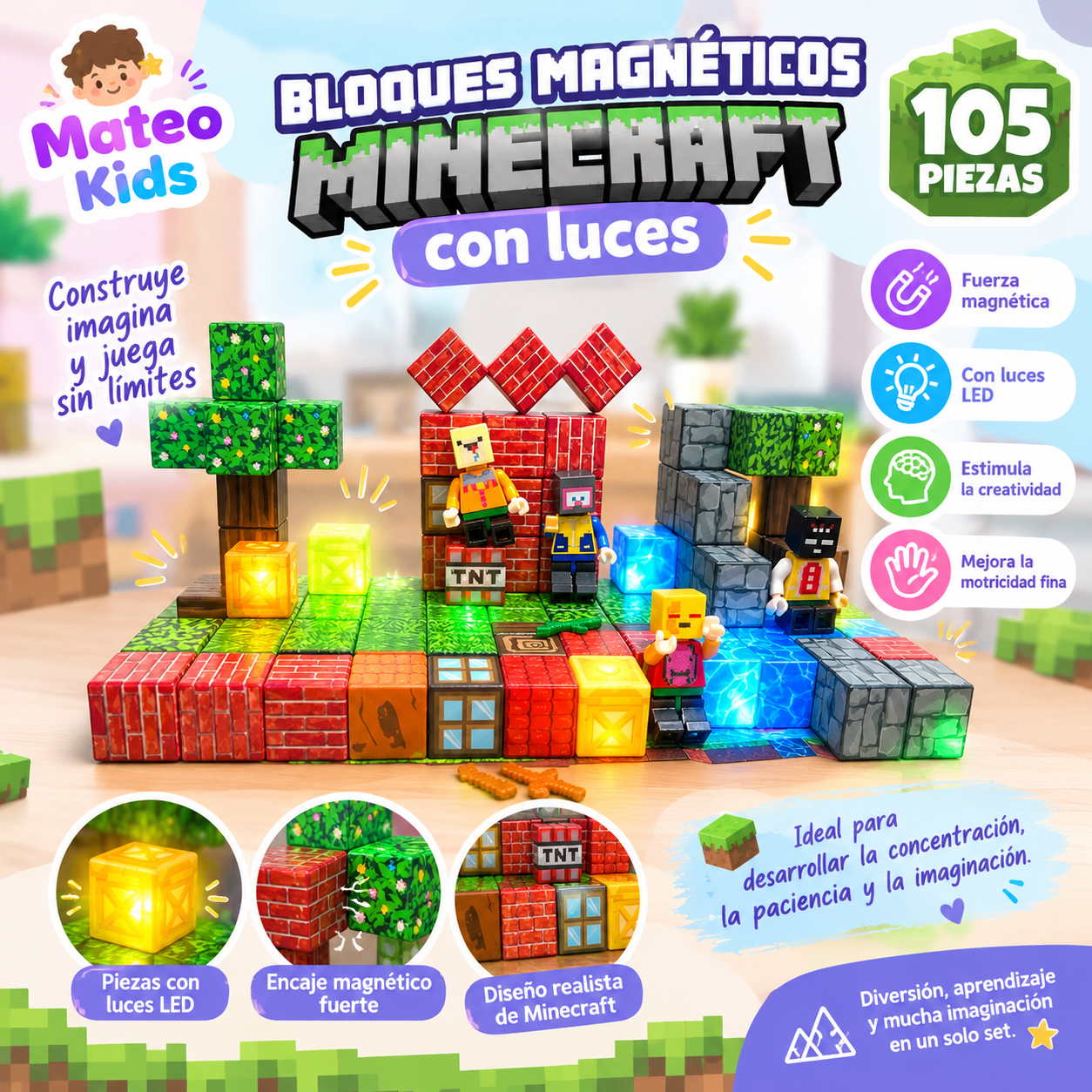 Bloques magnéticos minecraft clásico  con personajes y luces de 105 piezas 