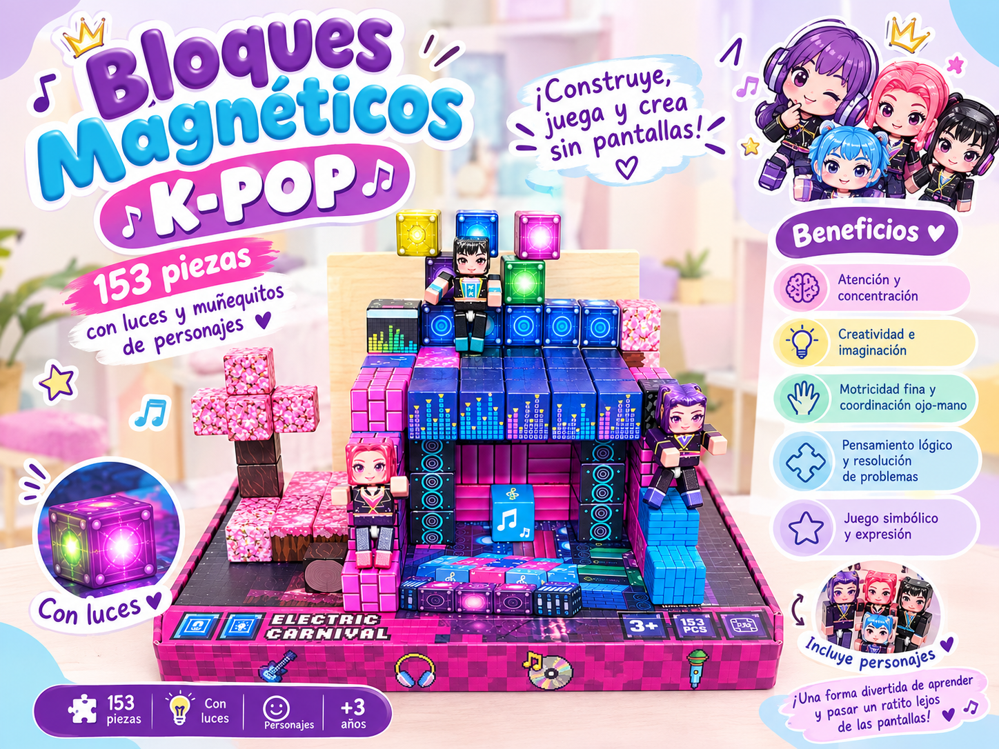Bloques magnéticos de Kpop de 153 piezas con luces y personajes 