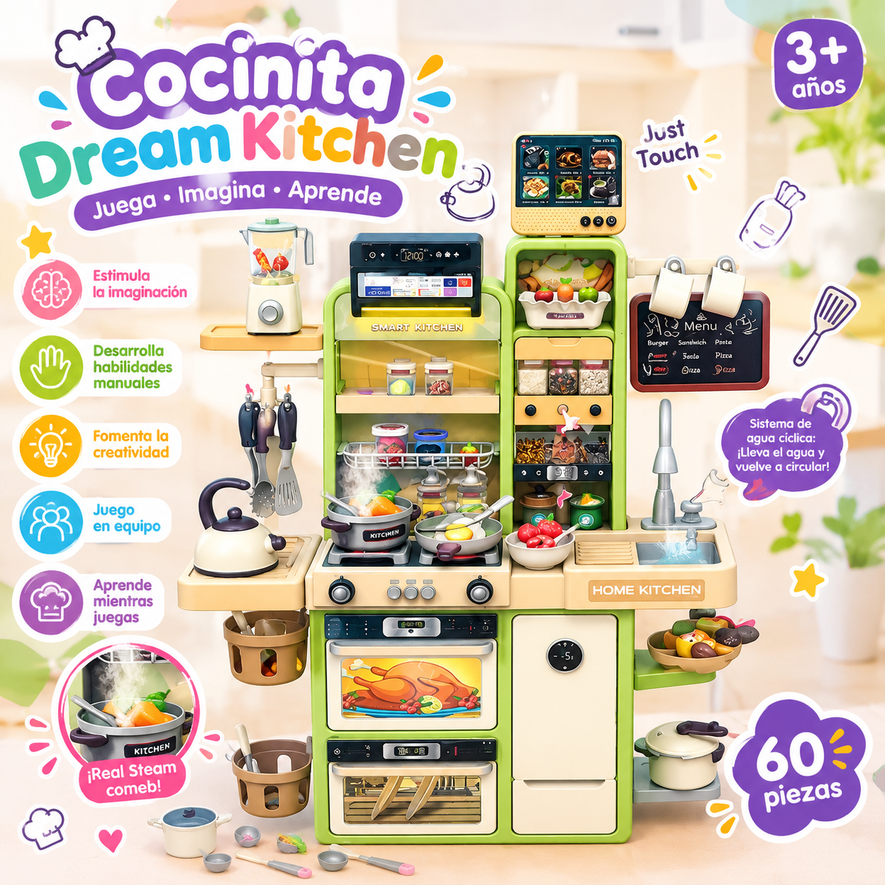 Cocina kitchen realista con licuadora funcional de 60 piezas  (96 cm)
